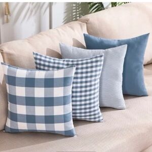 BLUE ‘Buffalo Plaid & Stripes’ Pillow Covers Linen Blend MEDIUM 20x20” (4-Pack)